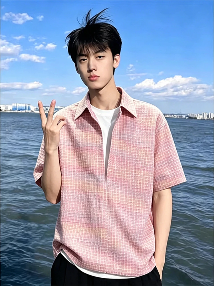 

Men's Summer Thin Bubble Shirt Casual Style Plaid Half Sleeve Loose Fit Summer Youth Sensation Campus Outdoor Polyester Cotton