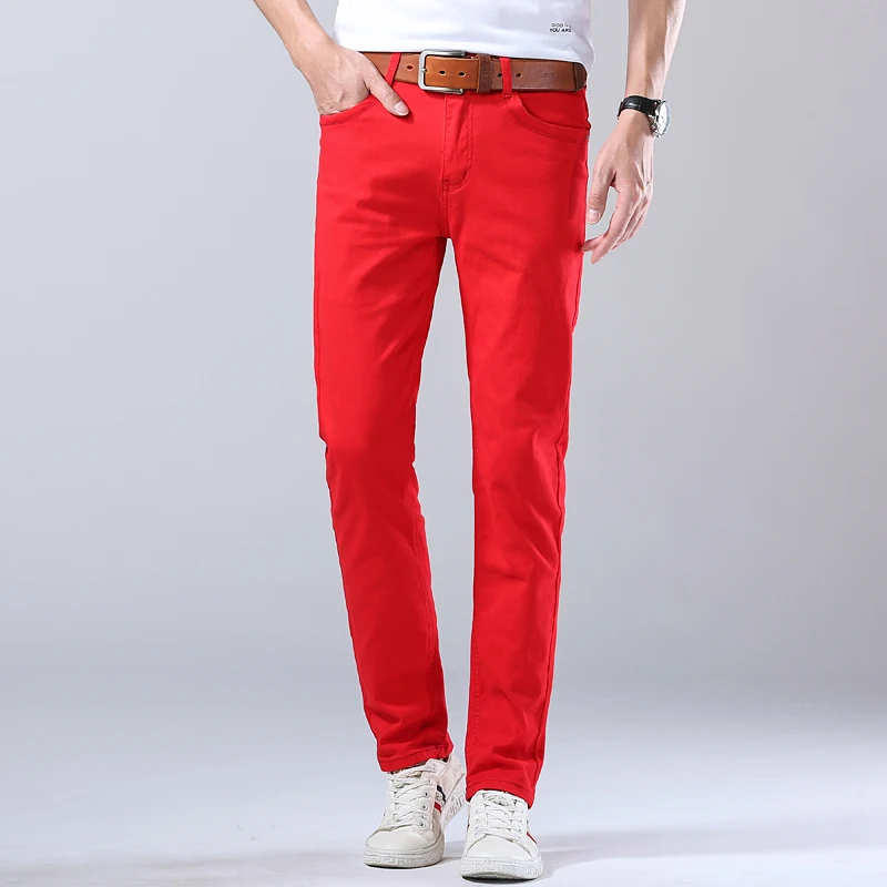 2023 Autumn New Men\'s Bright Stretch Fit Jeans Trendy Denim Straight-leg Trousers Male Red Lake Blue Yellow Trousers