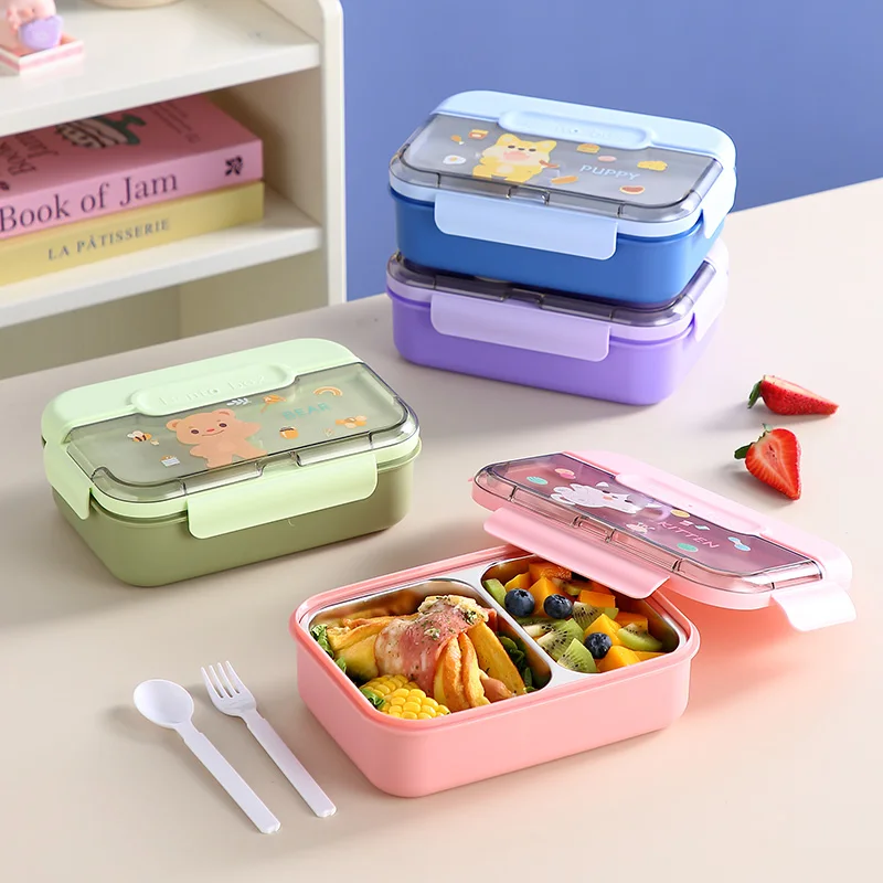 Fiambrera de acero inoxidable divisoria de dibujos animados con tapa, caja de plástico sellada para estudiantes para trabajadores de oficina, contenedor de comida portátil