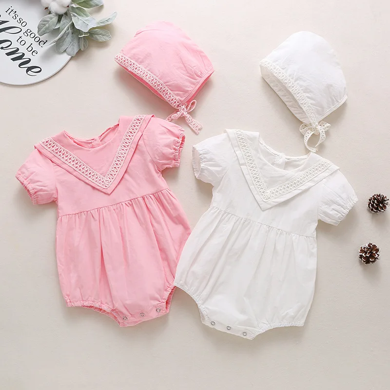 

Newborn Infant Girl Cotton Lace Romper Hooded Short Sleeve Summer Pink Baby Girls Jumpsuit Clothes 100% Cotton 66-90