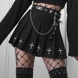 Minifaldas negras de cintura alta, falda Vintage plisada Punk, ropa de calle gótica, faldas plisadas con estampado cruzado para mujer, falda Lolita Harajuku