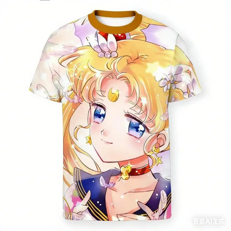 Y2K Anime Girl Warrior Short Sleeved Shirt, Children's Adult Girl Parent-child Outfit, Breathable Quick Drying Casual Top