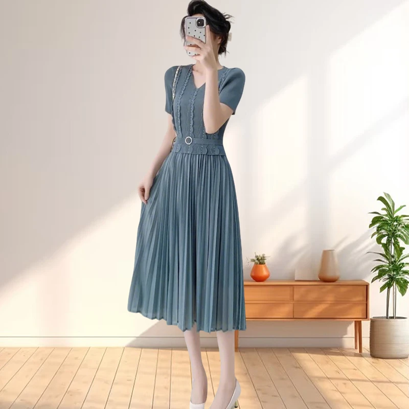 

Miyake Summer Fashion Temperament Pleated Big Swing Dress Waist Thin High Elastic Mid-length Pleated Elegant Large Size Dresses