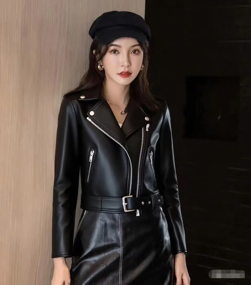 2025 New Women's Leather Jacket Spring Autumn Casual Slim Washed Zipper PU Leather Coat High End Locomotive Short Overcoat 5XL