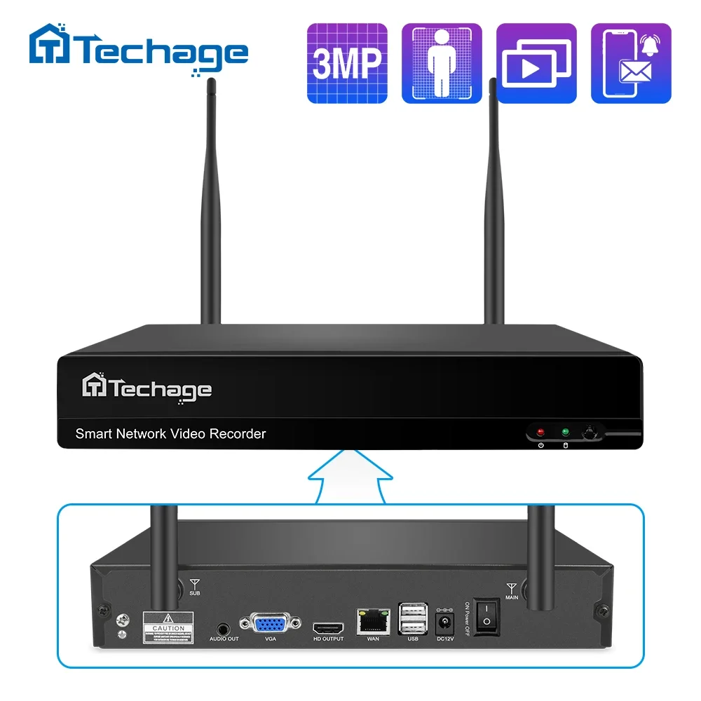 Techage 10CH H.265 3MP Wireless NVR Human Detection Wifi CCTV Camera System P2P IP Camera Network WiFi IP NVR per Eseecloud APP