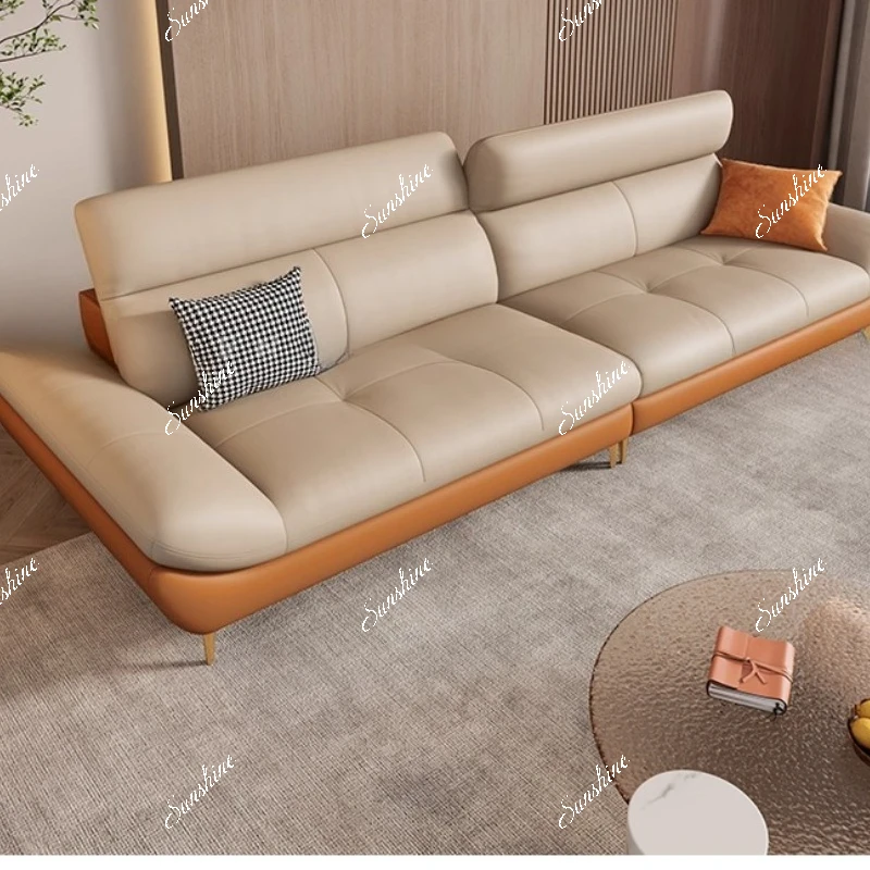 Italian light luxury leather sofa, simple modern three-person straight row retro cream in the living room