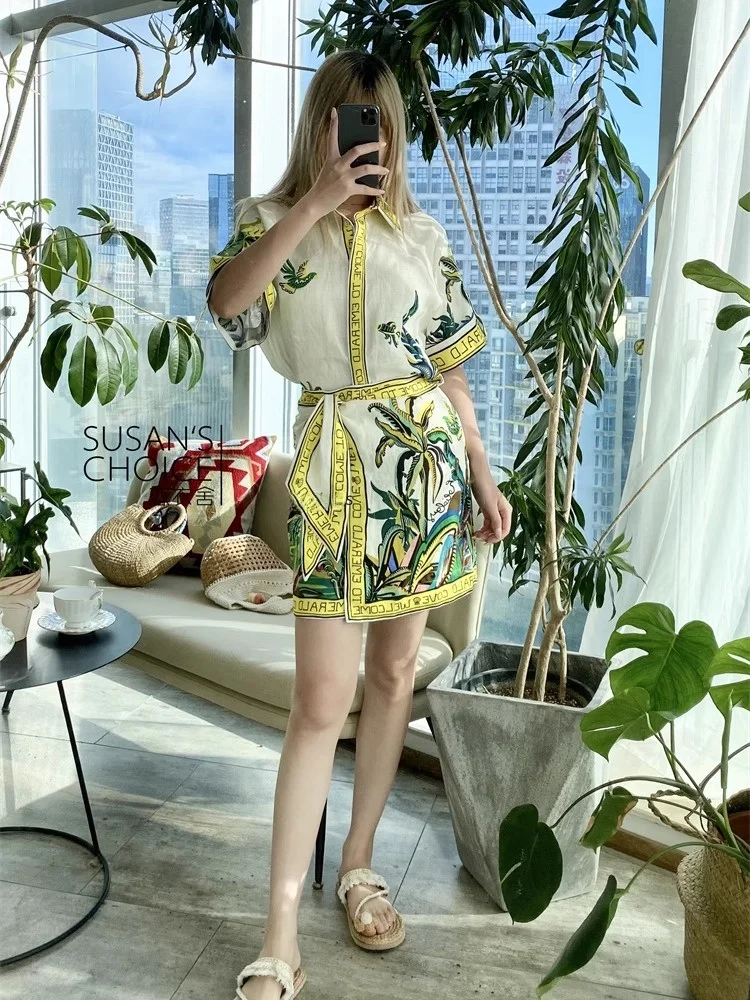 Set Rok dan Atasan Wanita Susan Australian Holiday Sle Retro Yellow Print Linen Loose Fit