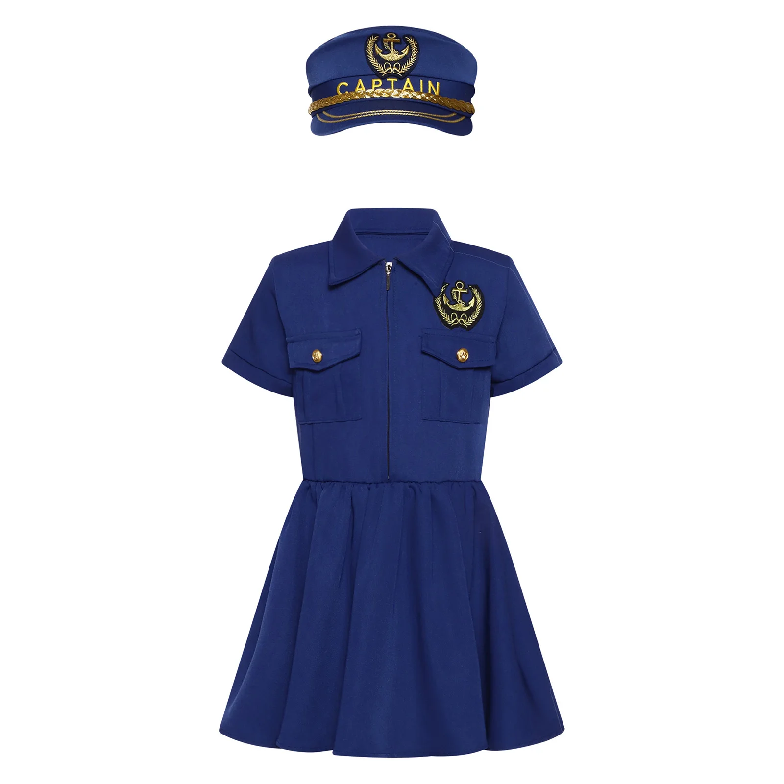 

Halloween Junior Officer Roleplaying Costume Set Girls Realistic Police Dress with Cap Notch Collar Utility Pockets Front Zip
