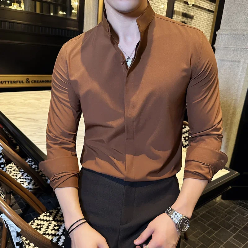 British Style Stand Collar Formal Long Sleeve Shirt Men Clothing Business Casual Camisas Slim Fit Men Dress Shirts Black White