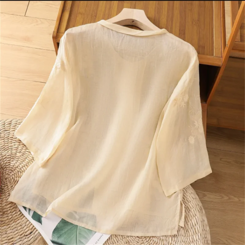Vintage Buttoned Cotton Linen Shirt Ladies Blouse Retro Chinese Tops Summer Thin Female Clothes Embroidered Loose Blous
