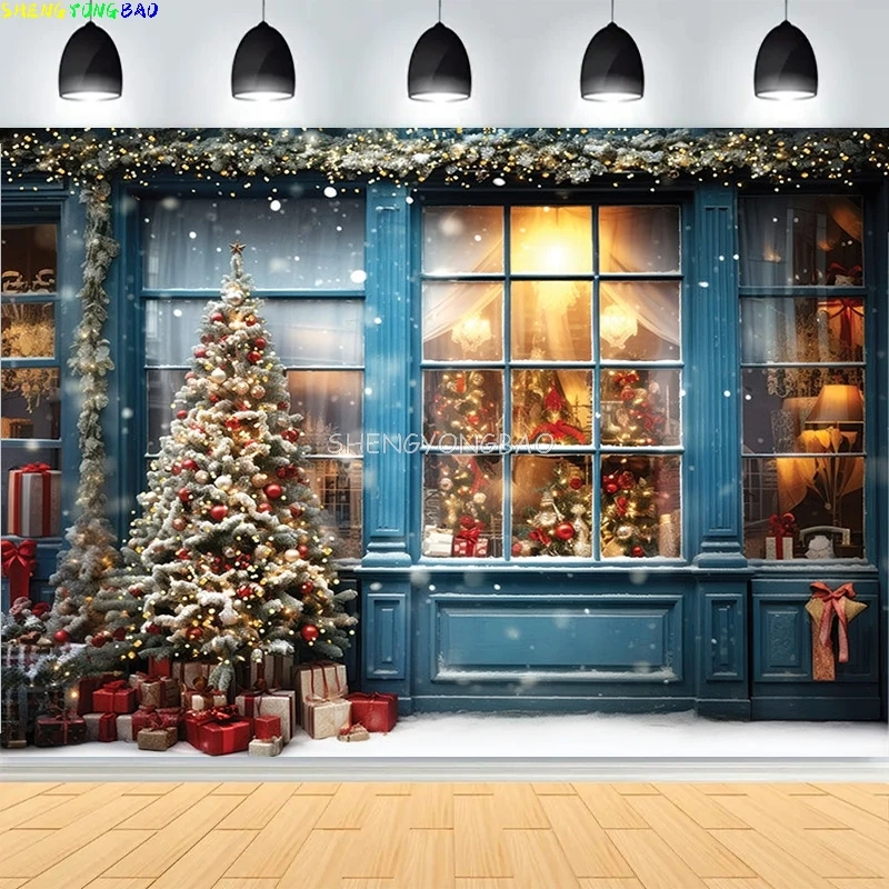 

Christmas House Window Photography Backdrops Winter Glitter Xmas Tree Kids Family Portrait Decor Photo Studio Background SD-01