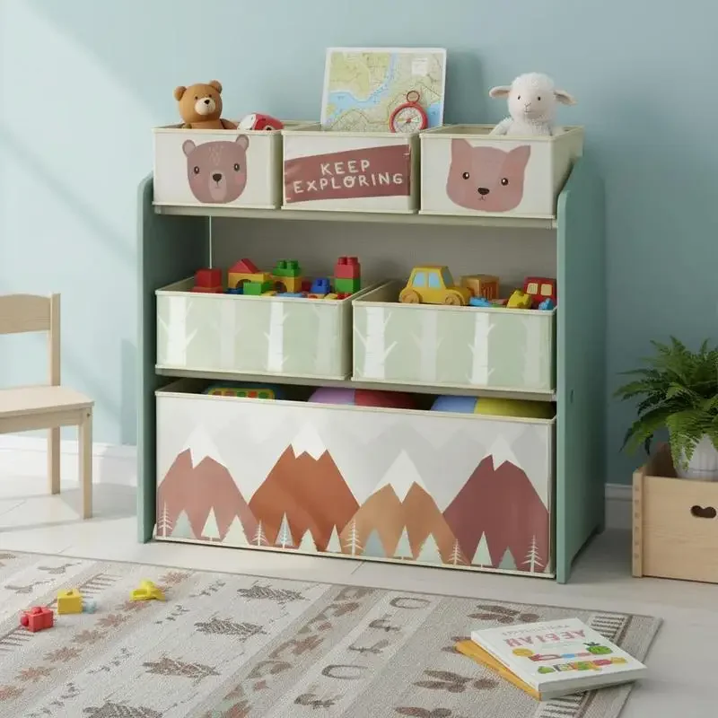 

Kids Storage Unit, Toy Storage Organiser, with Six Fabric Bins, for Bedrooms, Playrooms, Nurseries - Green