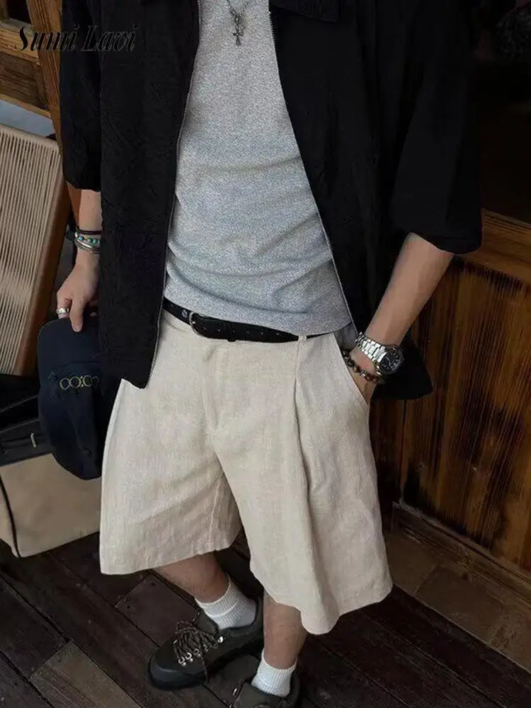 

2026 Summer Daily Leisure Breathable Shorts Men Vintage Solid Color Loose Linen Shorts Casual Mens Knee-length Straight Shorts