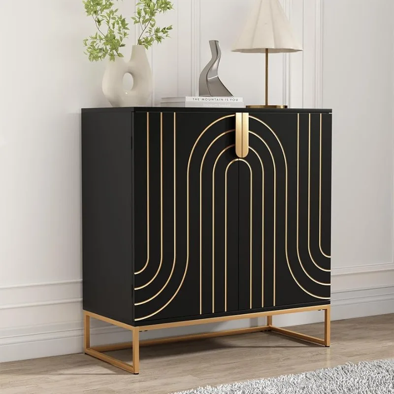 Accent Wood Grain Cabinet with 2 Doors, Storage Cabinet Sideboard with Gold Metal Legs for Living Room,Entryway