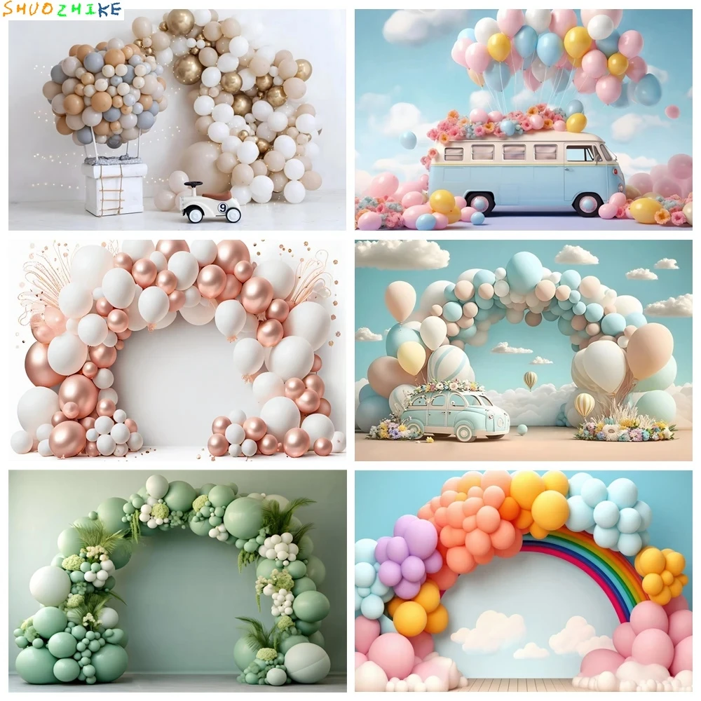 

Arch Colorful Balloons Car Birthday Background Blue Sky Cloud Newborn 1st Birthday Party Decor Photography Backdrop Banner