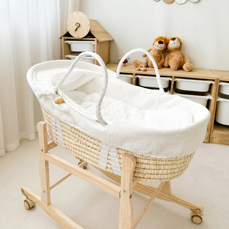 Baby Crib Mose Basket for Newborns with Wooden Folding Stand,Rocking Bedside Bassinet for Baby with Soft Mattress