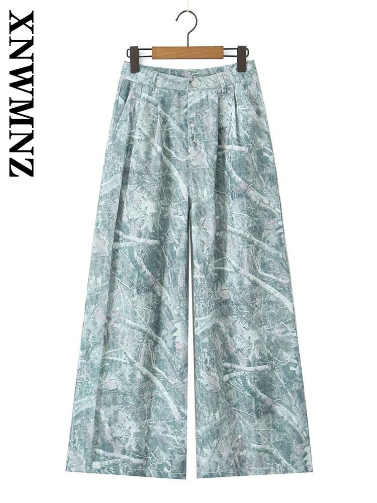 

XNWMNZ 2025 Summer New Woman's Party Button Denim High Waist Bottoms Hipster Female Long Pants Ruffles Regular Fit Pockets Print
