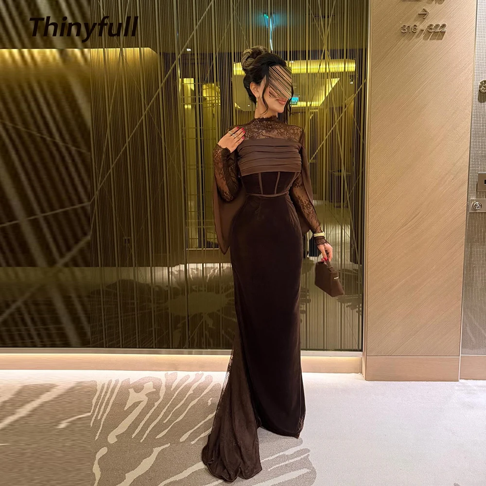 

Thinyfull Velvet/Lace Mermaid Prom Dresses Full Sleeves High Neck Evening Dress Arab Long Formal Gown Robe De Soirée Customized