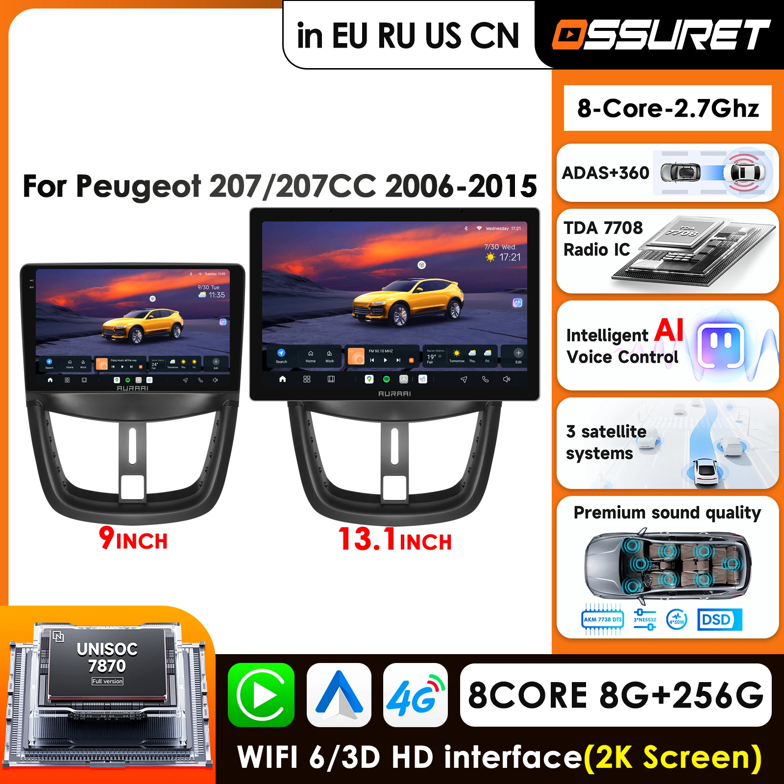 

13.1'' 2K Screen Car Radio for Peugeot 207 CC 207CC 2006 - 2015 Carplay Android Auto Multimedia Player Stereo 4G GPS 360° Camera