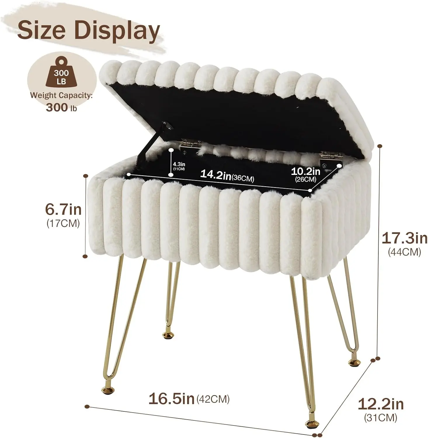 Faux Fur Vanity Stool Chair With Storage, Vanity Stool For Makeup, Foot Stools Ottoman With 4 Metal Legs, Make Up Stool Chair,