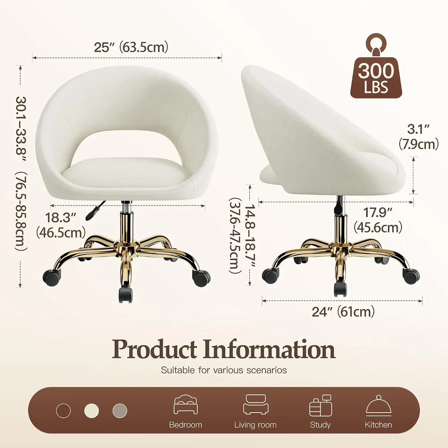 Vanity Chair with Wheels (Large), Golden Titanium-Plated Home Office Chair 300LBS, Modern Velvet Swivel Makeup Chair