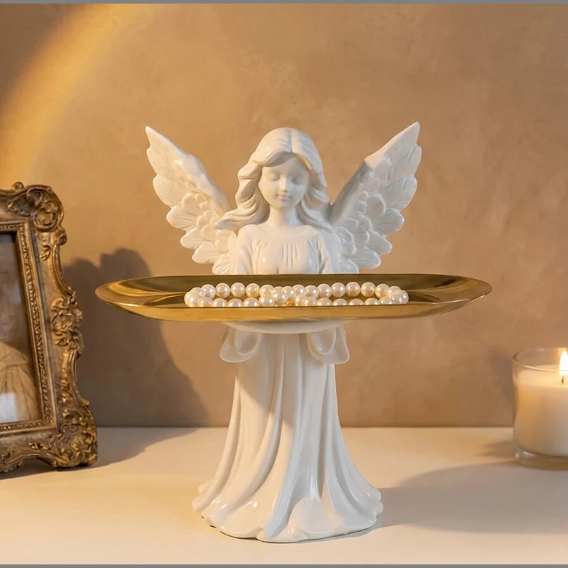 European-style Ceramic Angel Storage Tray for Metal Jewelry Cosmetics Candies Nuts Keys Home White Angel Ornament Storage Box