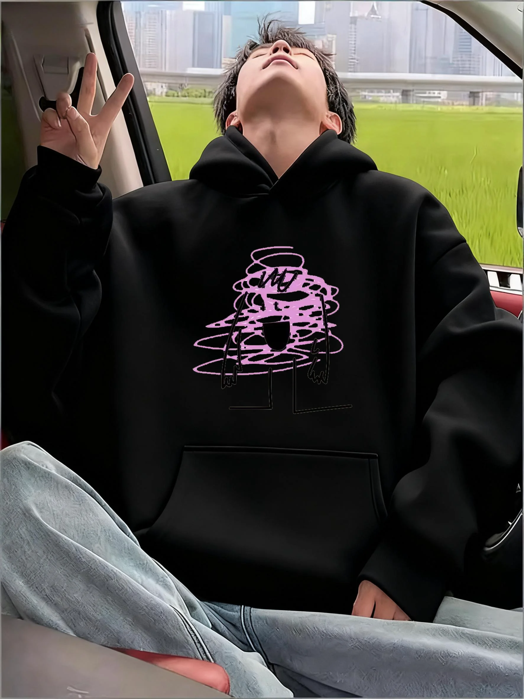 2025 جديد هوديي أسود مع طباعة الجرافيك الوردي 330gsm الوزن الثقيل مريح للجنسين بلوزة كاجوال البلوز gigandiíongi