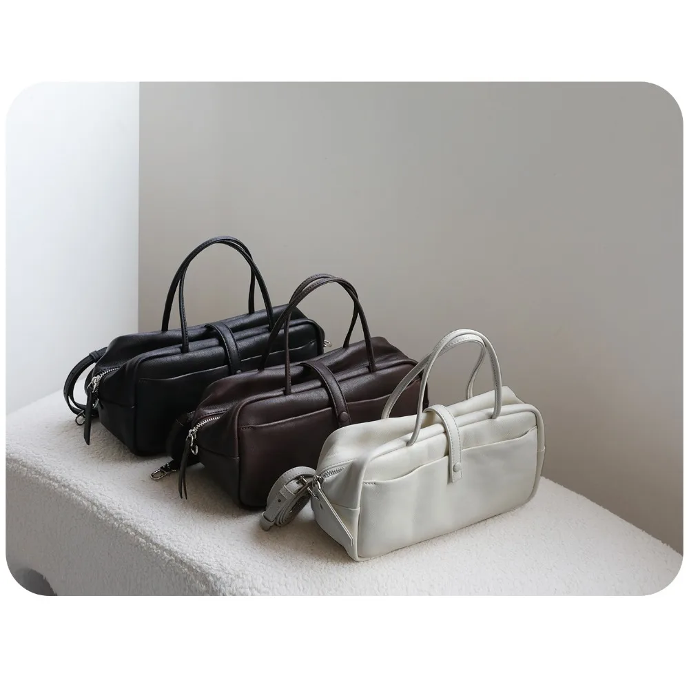 

Vintage Commuter Vegetable Tanned Sheepskin Boston Tote Bag Versatile Shoulder Crossbody Ladies Soft Bowling Bag Casual