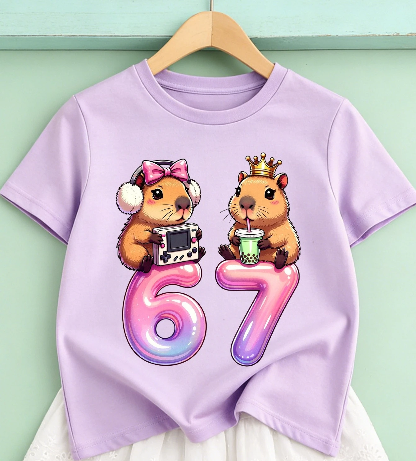 Girls Boys Casual Round Neck Short Sleeve T-Shirt 67 Number Capybara Cartoon Print T-Shirt Capybara Lover Birthday Gift Shirts