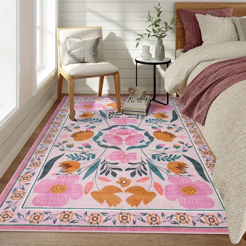 

Pink Vintage Flower Carpets Boho Spring Green Plant Bedroom Bedside Floor Mat Non Slip Living Room Decor Rug Y2K Popular Rug
