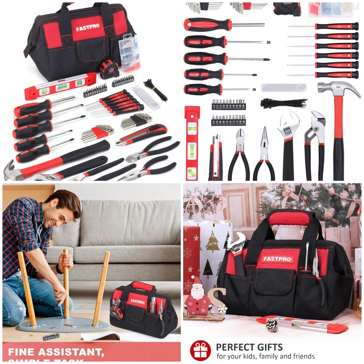 

215-Piece Home Repairing Tool Set with 12-Inch Wide Mouth Open Storage Bag,Household Hand Tool Kit,Red