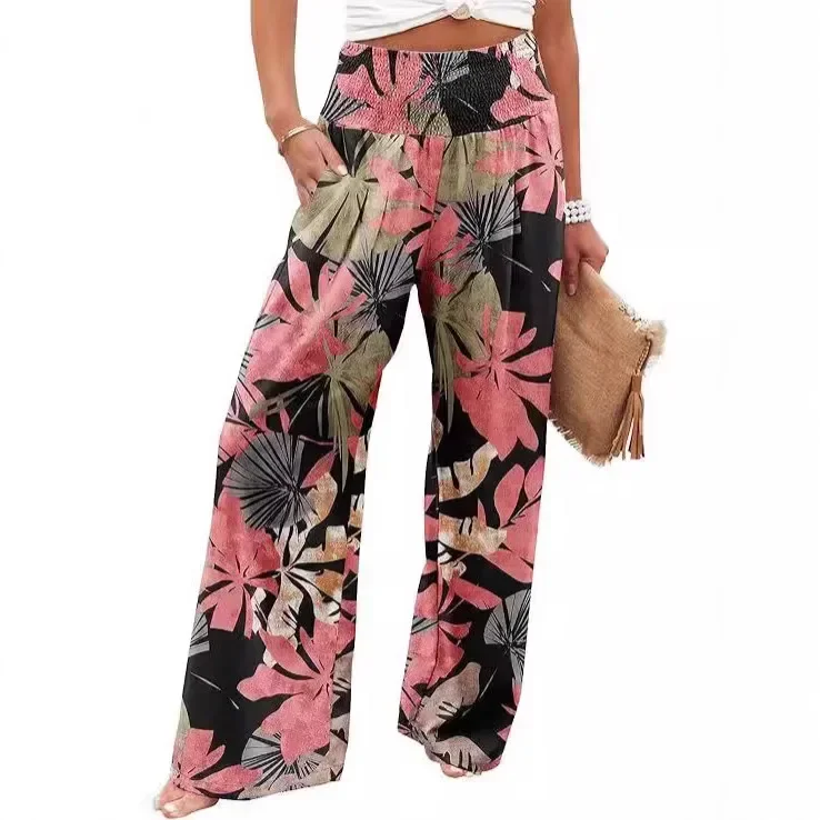 

Pop Pop Fashionable Loose Wide Leg Pants Women's Casual Trousers Summer High Waist Printed Loose Fit Ladies Fashionable Pants