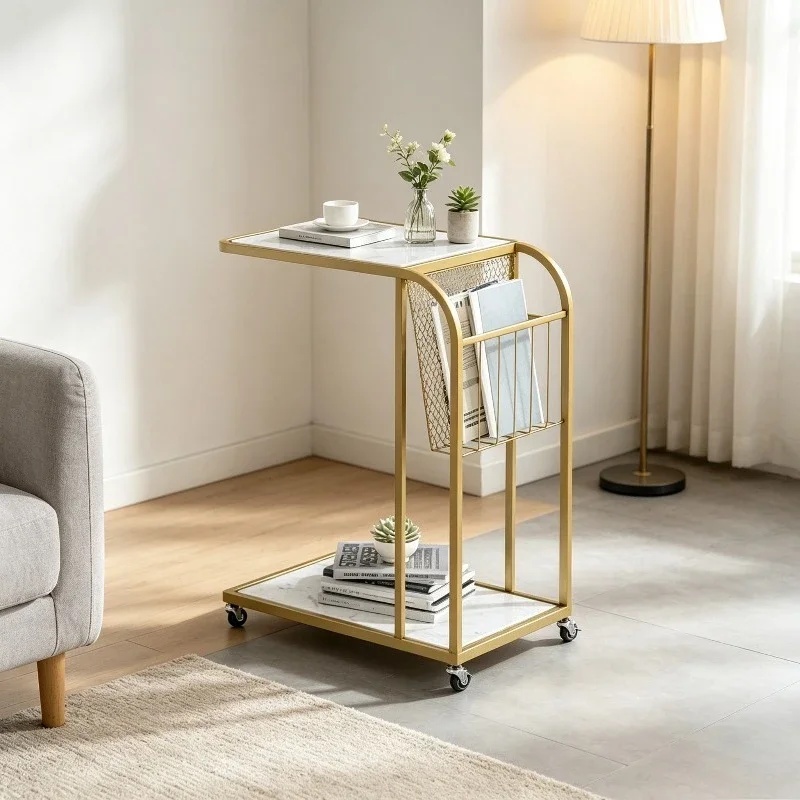 Metal C-Shaped Rolling Side Table Tempered Glass End Table Magazine Storage Rack with Wheels Luxury Living Room End Table