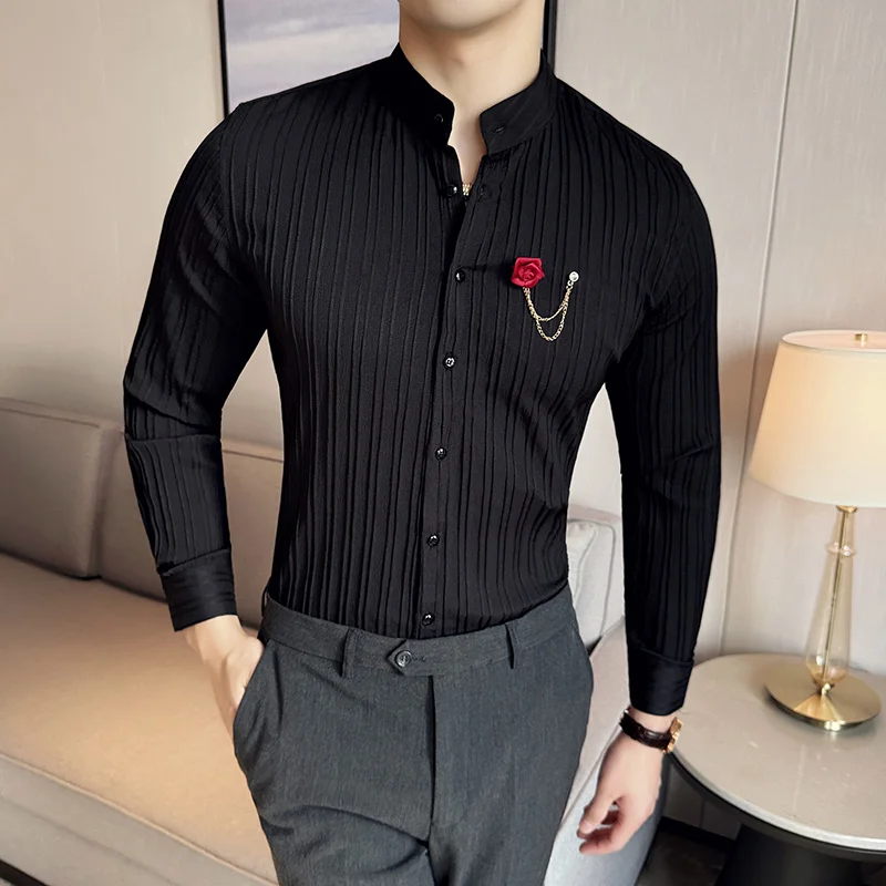 New Spring Rose Brooch Men Shirts & Blouses Long Sleeved Slim Fit Stand Collar Mens Dress Shirt Party Prom Social Male Shirts