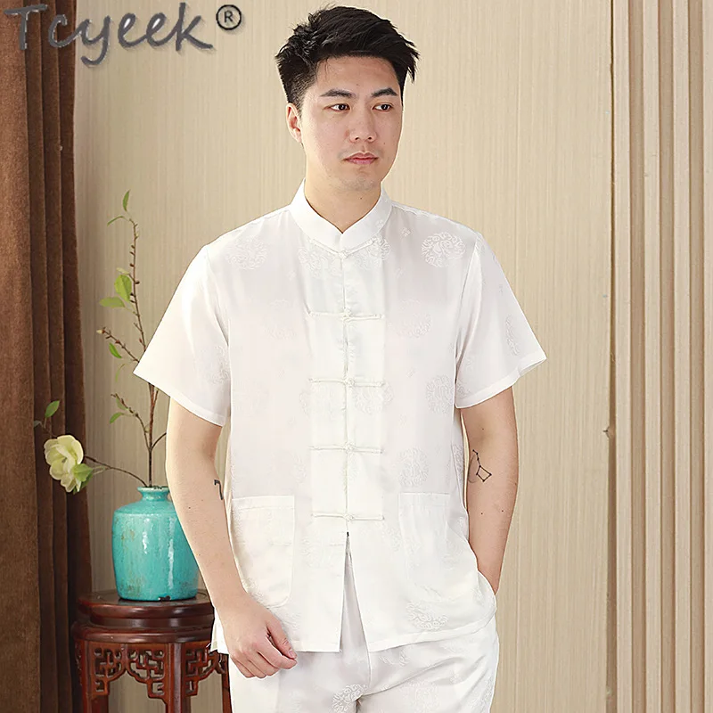 

Tcyeek 100% Mulberry Silk Mens Shirts Summer Short Sleeve Top Chinese Style Casual Shirt Men Stand Collar 2024 Camisa Masculina