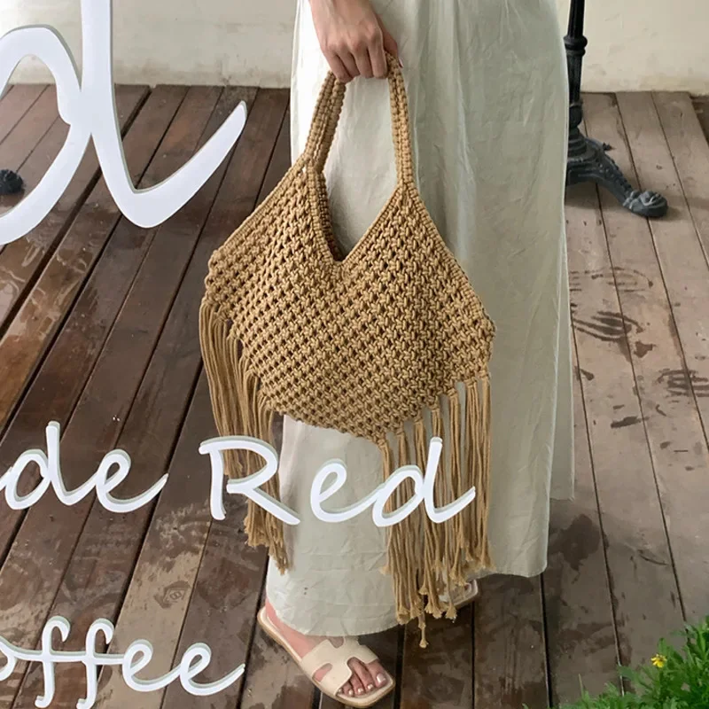 Bohemian Style Su Bag Women 2024 New Handmade Woven Bag With Drawstring Cotton And Linen Woven Bag Color Beach Bag Vacation Bag