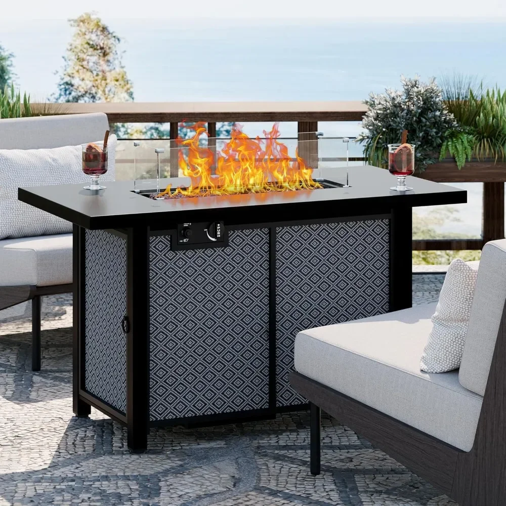 

43 Inch Propane Fire Pit Table，50,000 BTU with Glass Wind Guard, Lava Rocks, Waterproof Cover and Lid，Outdoor Gas Fire Pits