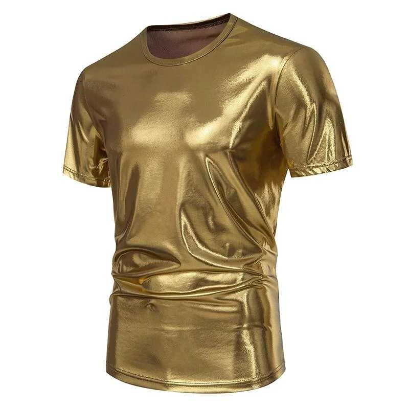 Men'sShiny Metallic Short Sleeve T Shirt Fashion Dance Nightclub Stage Costume Multicolor Party Dress Men's Summer Short Sleeves