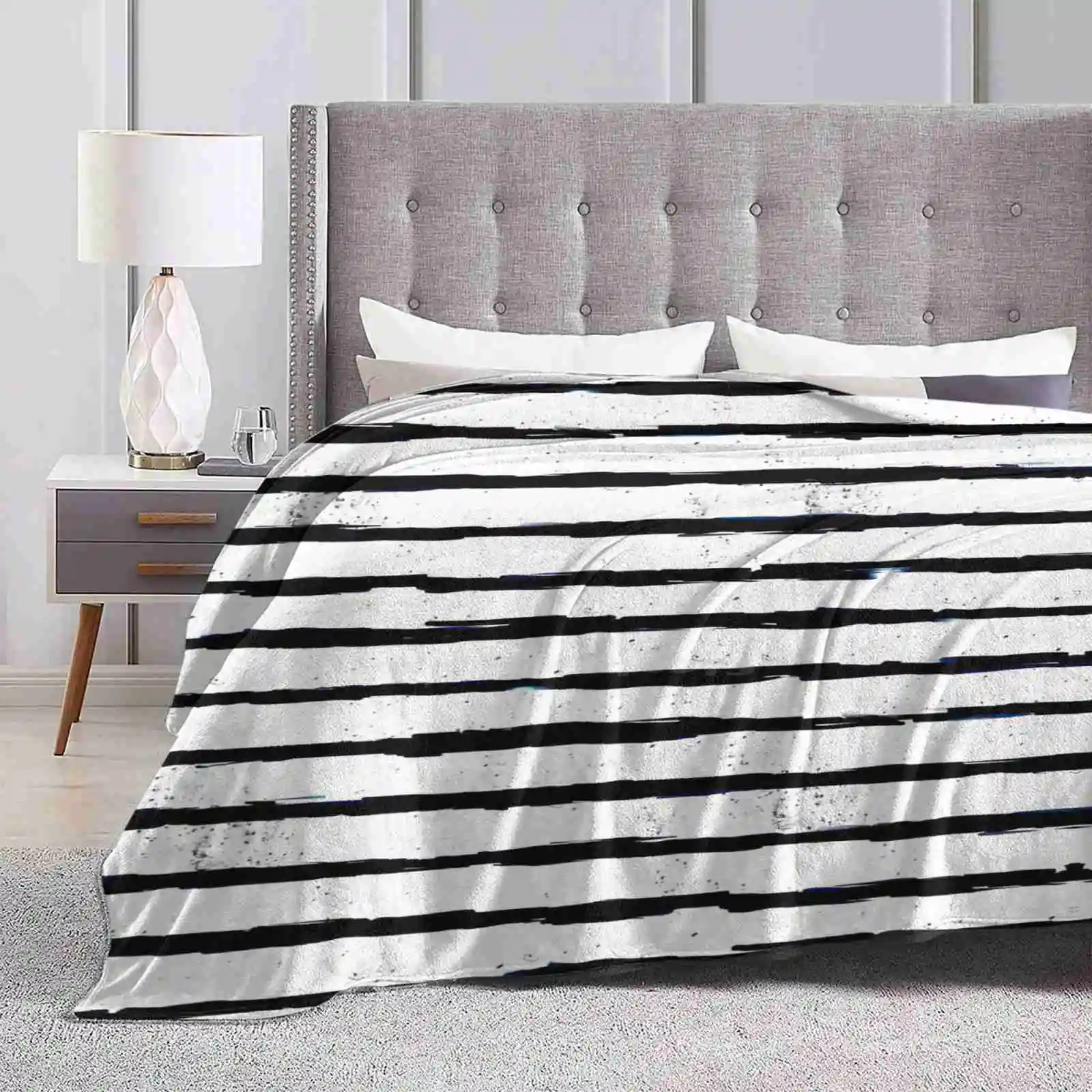 Distressed Stripes Best Selling Room Household Flannel Blanket Distressed Bohemian Black And White Stripe Lines Shabby Chic