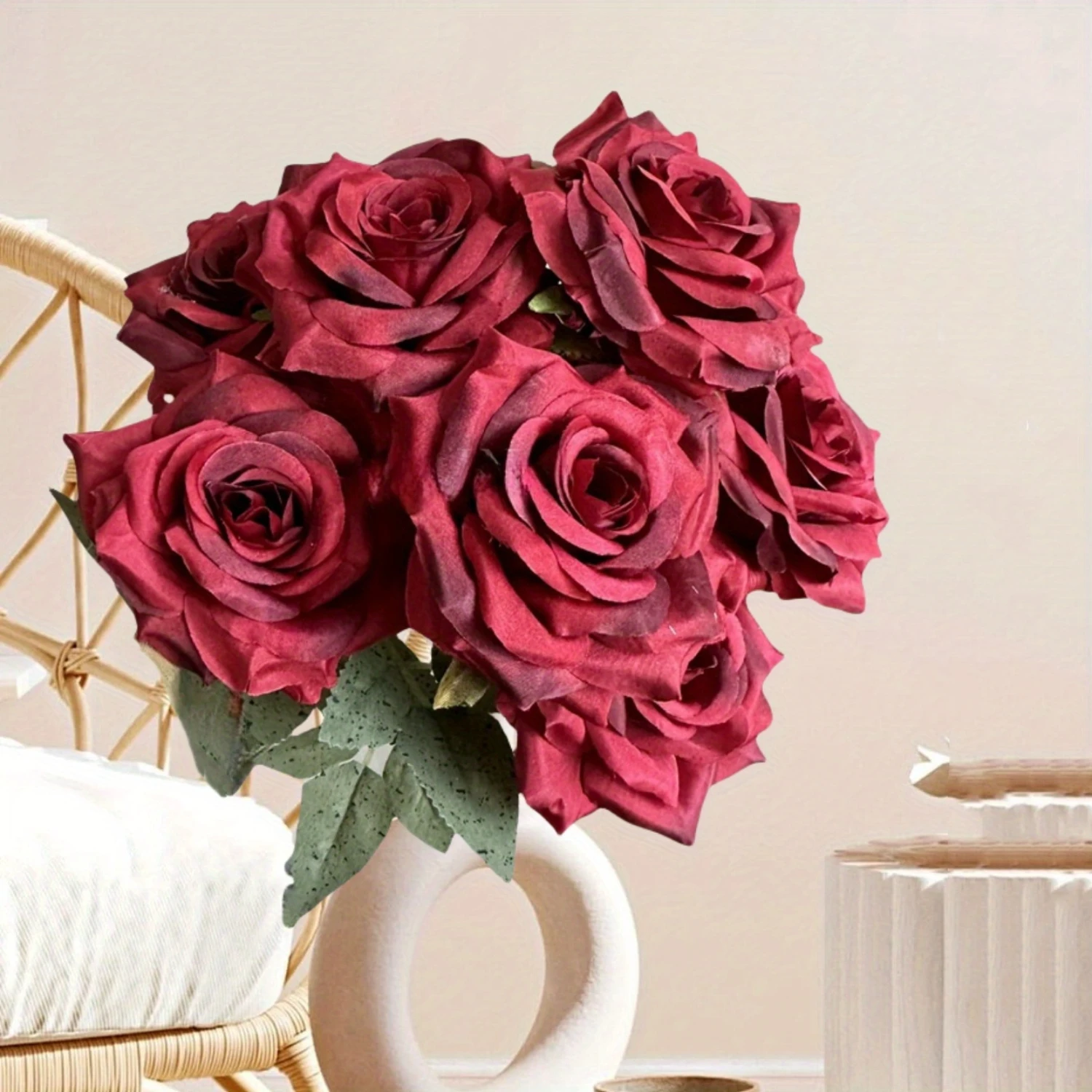 

Large 9 Heads Roses Artificial Silk Flowers, Fake Roses With 18.9in Long Stems Realistic Faux Rose Bouquets For Wedding Decorati