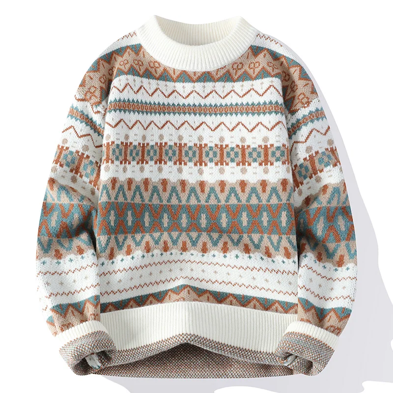 Vintage Jacquard Sweater for Men Color Blocking Pullover Sweaters Winter Knitted Top Long Sleeve Knit Christmas Sweater Couple