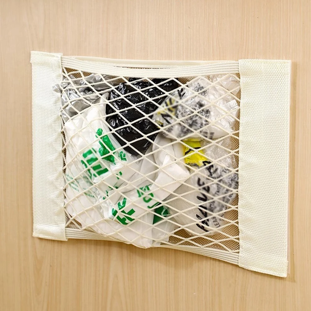Large Capacity Wall-Mounted Storage Bag Mesh Kitchen Cabinet Garbage Bag Space-Saving Hanging Storage Bag Organizer Gray Beige