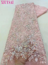 Pink African Lace Fabric 2024 High Quality Sequins Lace Material French Lace Fabric For Nigerian Wedding Party Sewing