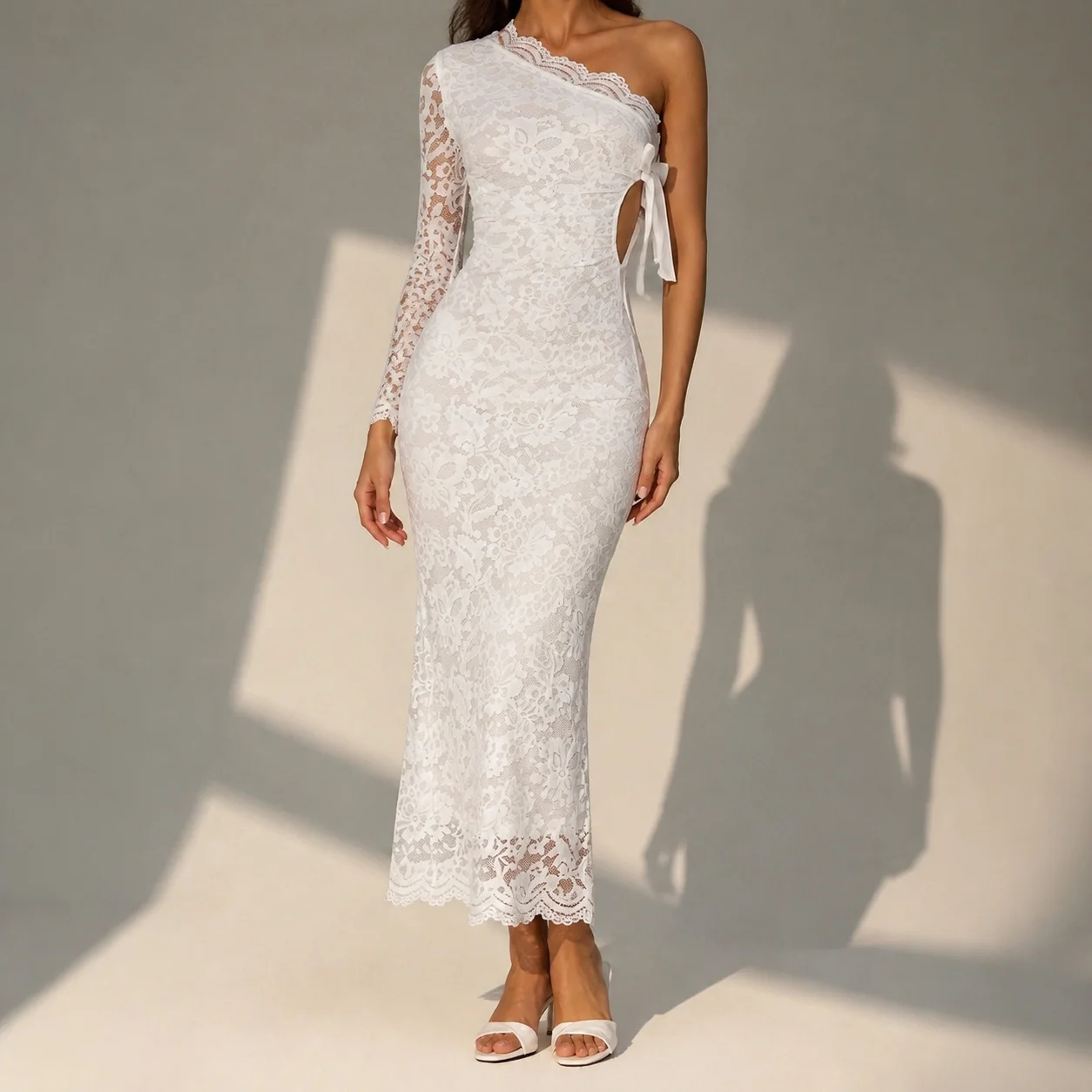 Women's Elegant Summer Wedding Guest Dress with Lace Off Shoulder Long Sleeve High Waist Slim Fit Floral Party Prom Dress