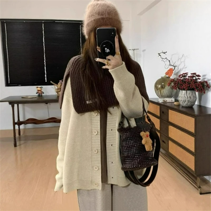 New Loose Versatile Cardigan for Women Autumn Winter Japanese Style of Youthful School with Color-blocked Striped V-neck Sweater