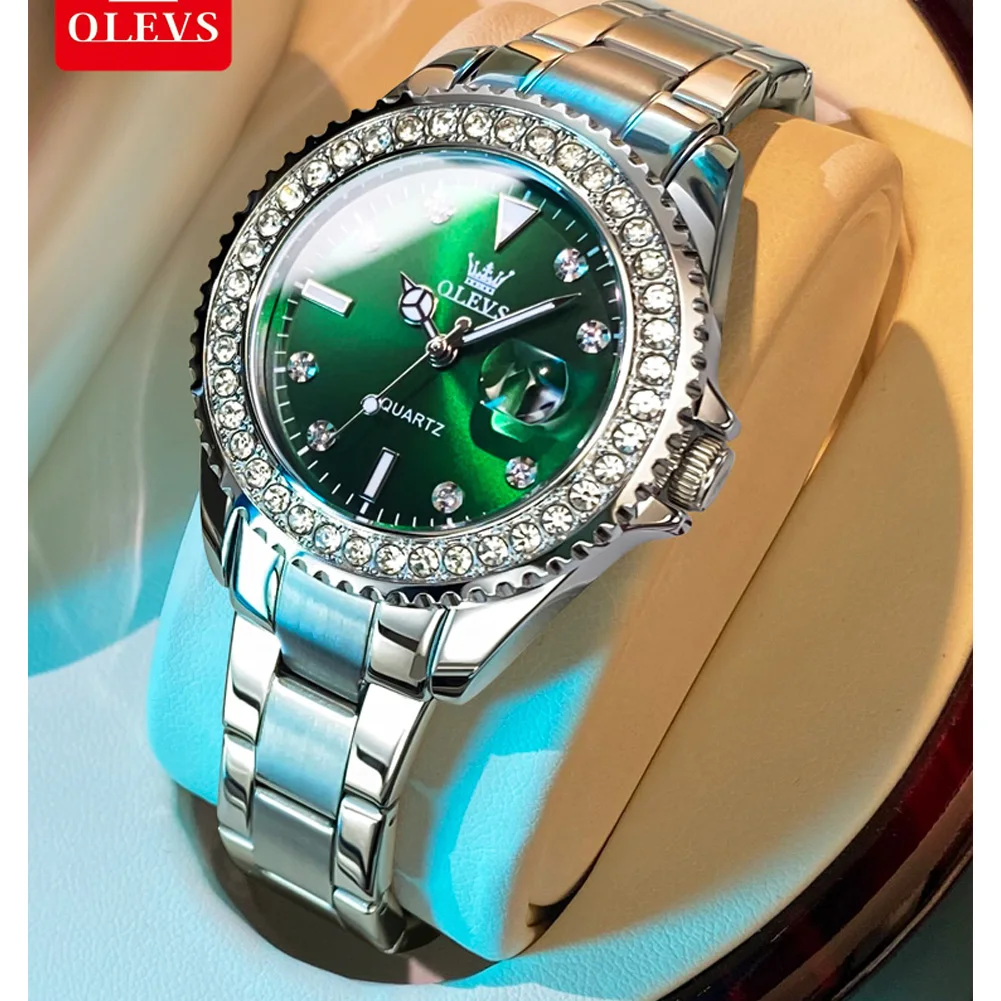 OLEVS-relojes elegantes de lujo para mujer, reloj de cuarzo resistente al agua, luminoso, correa de acero inoxidable, calendario, marca Original