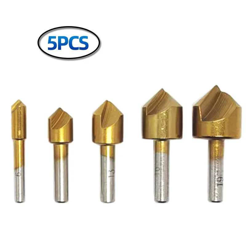 

5Pcs Carbon steel 90 Degree Chamfering Titanium Coated Countersinks Single Flute Chamfering Cutter Chamfer Drill Press