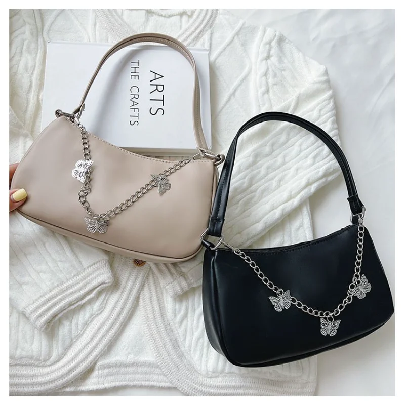 Fashion Women Butterfly Chain Travel Shoulder Bags Female PU Leather Shopping Underarm Bags Pure Color Small Purses and Handbags