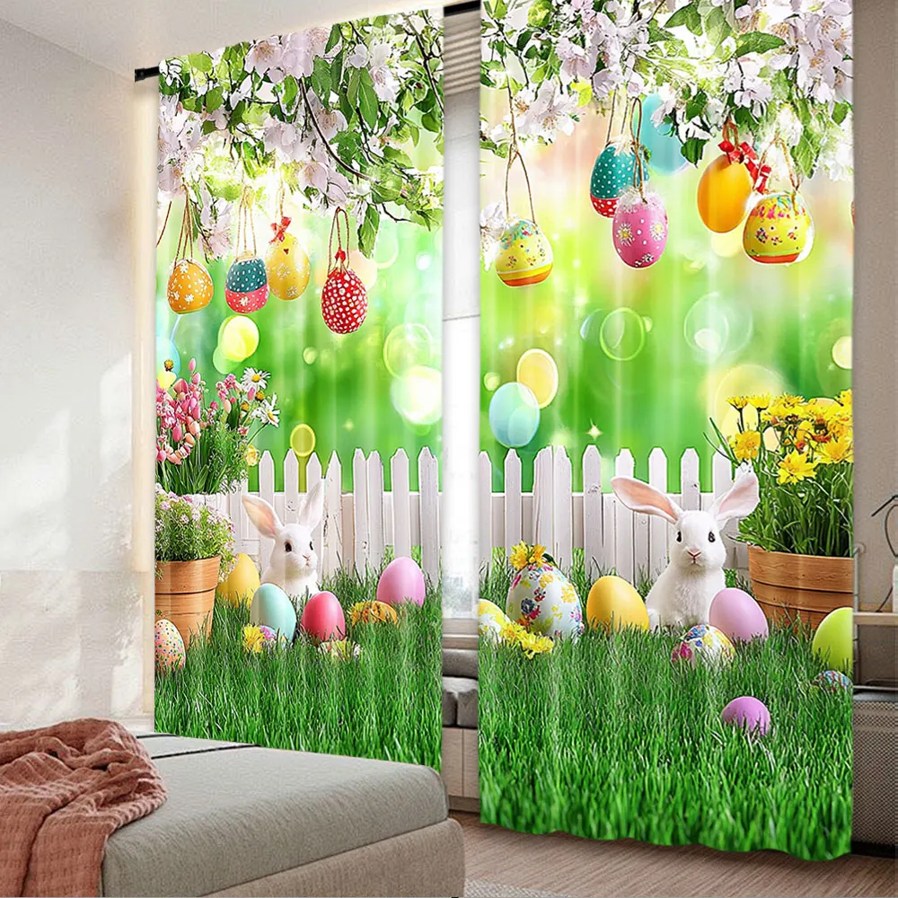 2Pcs Spring Easter Curtain Garden Green Lawn Grass Floral Fence Rabbit Window Drapes Suitable For Bedroom Living Room A