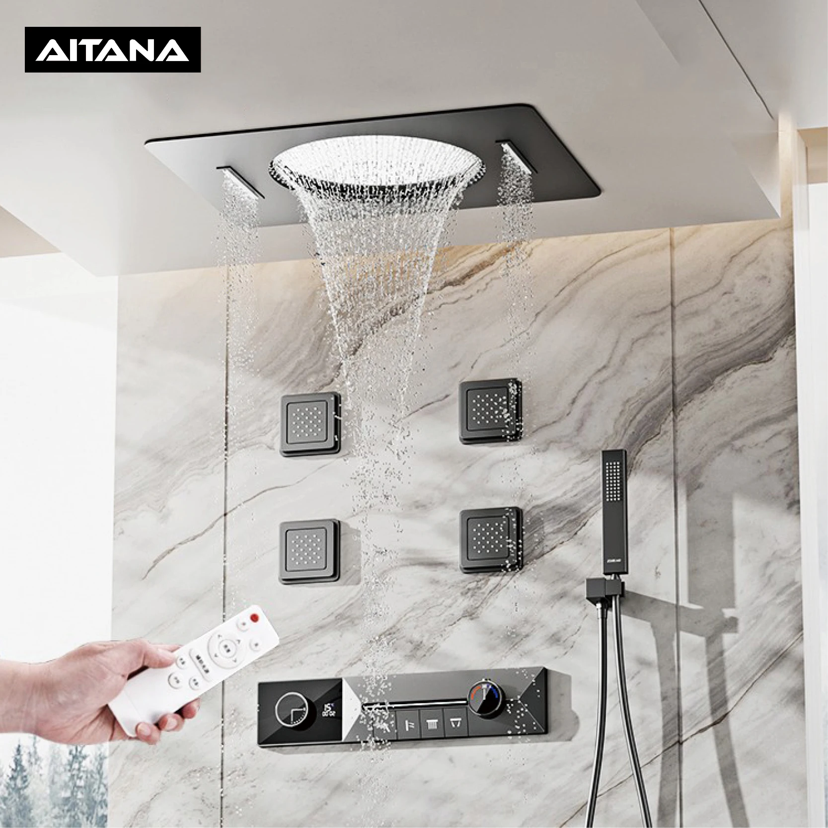 

AITANA luxury brass gun gray ceiling constant temperature shower system embedded LED digital display bathroom hot&cold water Tap